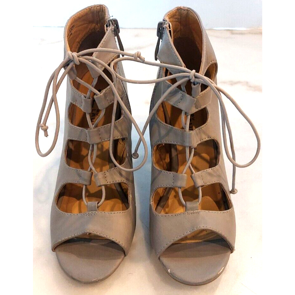 Chinese Laundry Block Heel Gray Lace Up Sandals Zipper Peep Toe Size 6.5M
